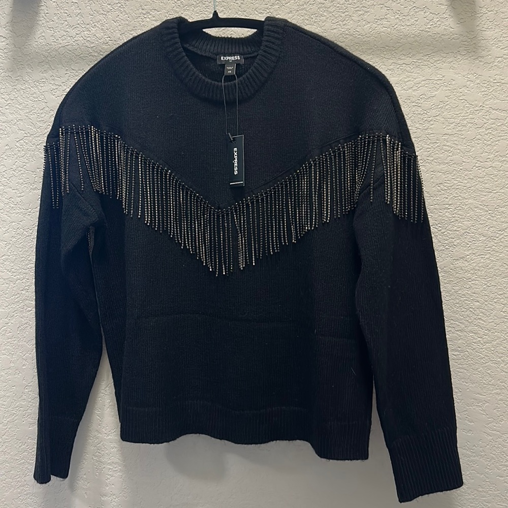 NWT black rhinestone fringe sweater
